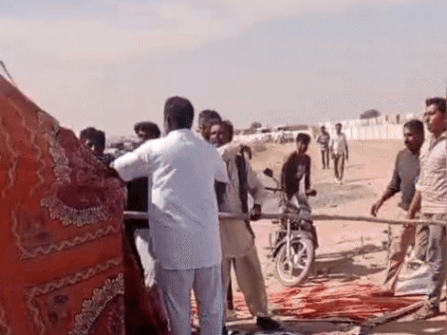 The miscreants assaulted villagers present at the protest site, one villager was injured.