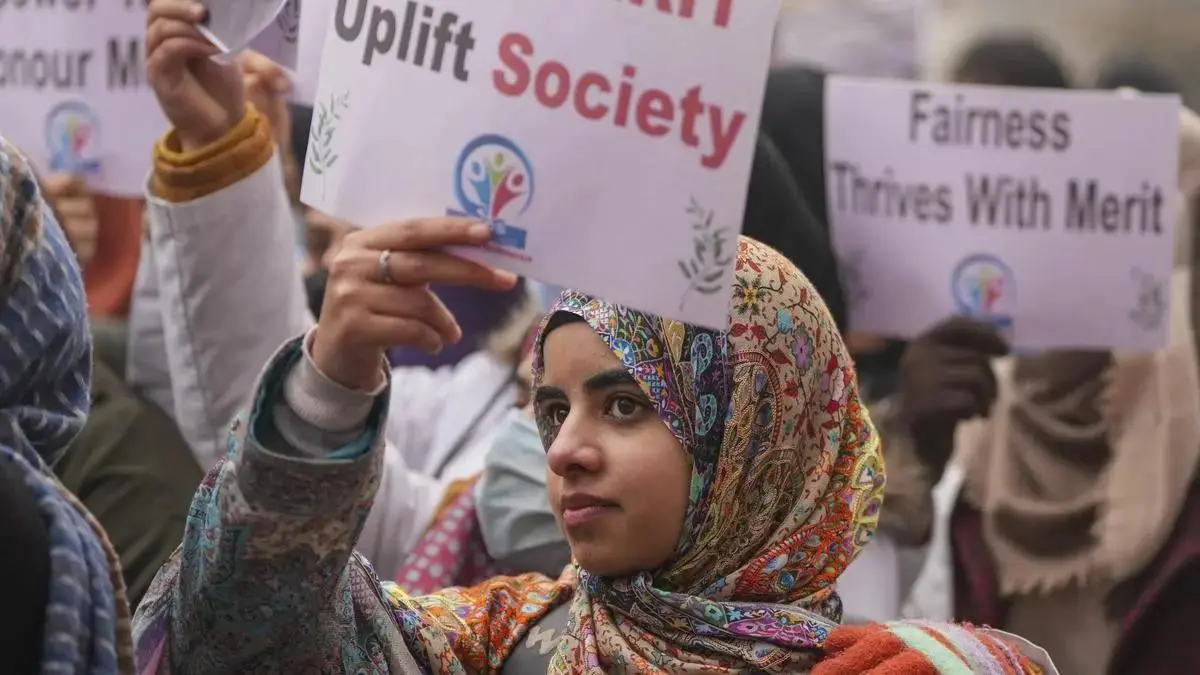 A medical student at a protest demanding the rationalisation of reservation in Jammu and Kashmir, outside Chief Minister Omar Abdullah’s residence, in Srinagar, on December 23, 2024.
