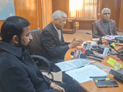 Commission Chairman Utkal Ranjan Sahoo, along with Secretary Ramniwas Mehta and Chief Examination Controller Ashutosh Gupta, providing information to journalists.