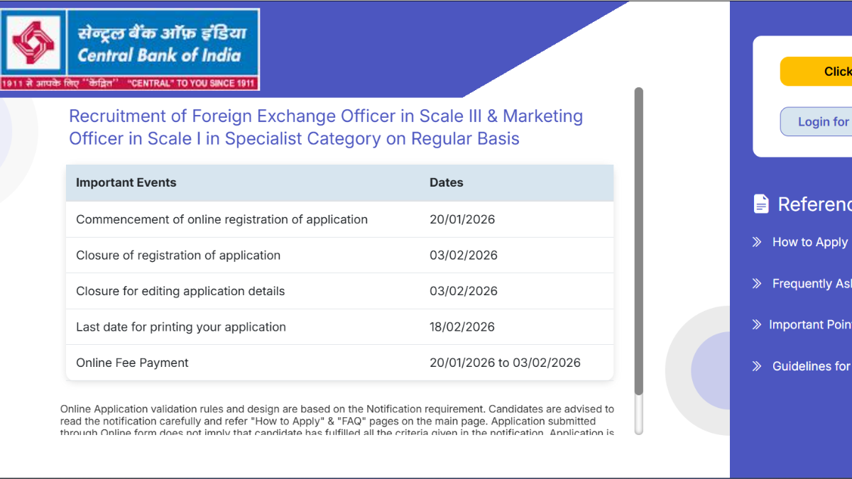 Central Bank of India online applications open for 350 specialist officer jobs 2026