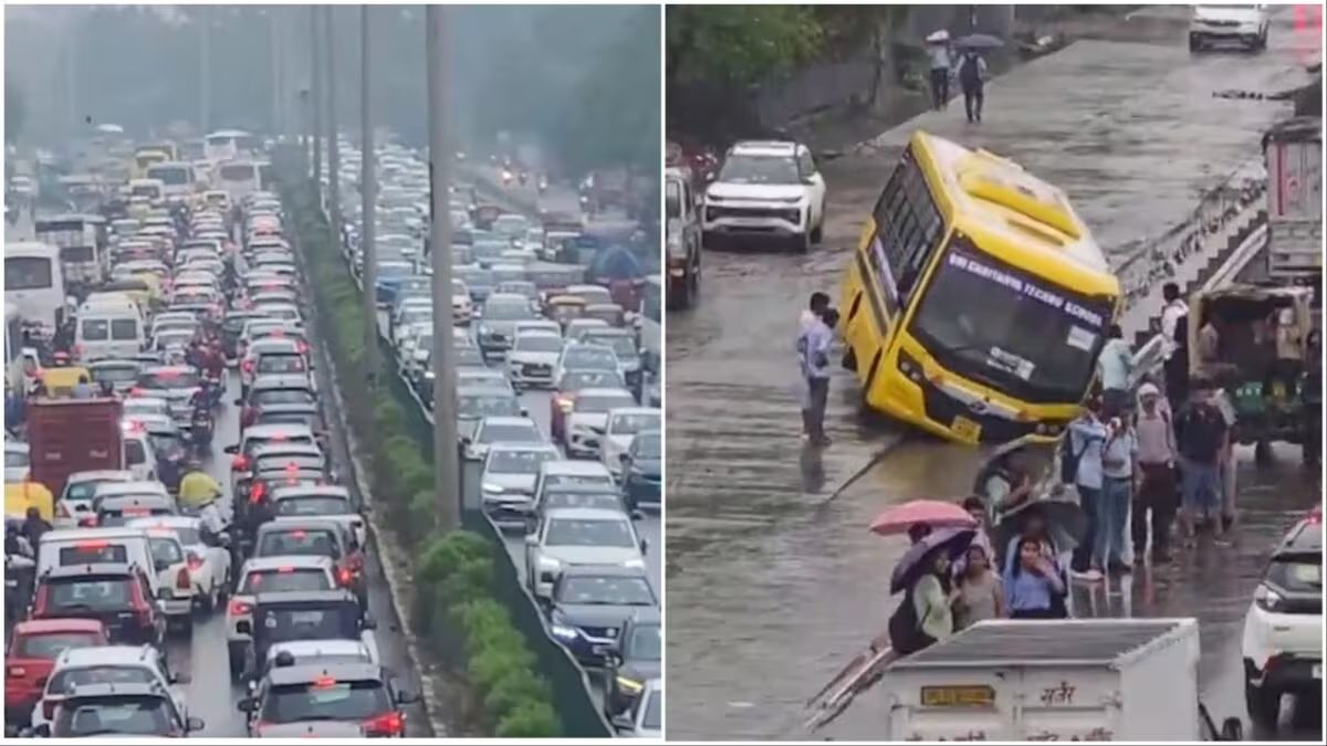 Gurugram Battles Rain Mayhem, Urges Work From Home Amid Kilometres-Long Traffic Jam, Road Cave-Ins | India News