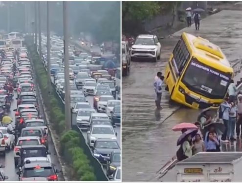 Gurugram Battles Rain Mayhem, Urges Work From Home Amid Kilometres-Long Traffic Jam, Road Cave-Ins | India News